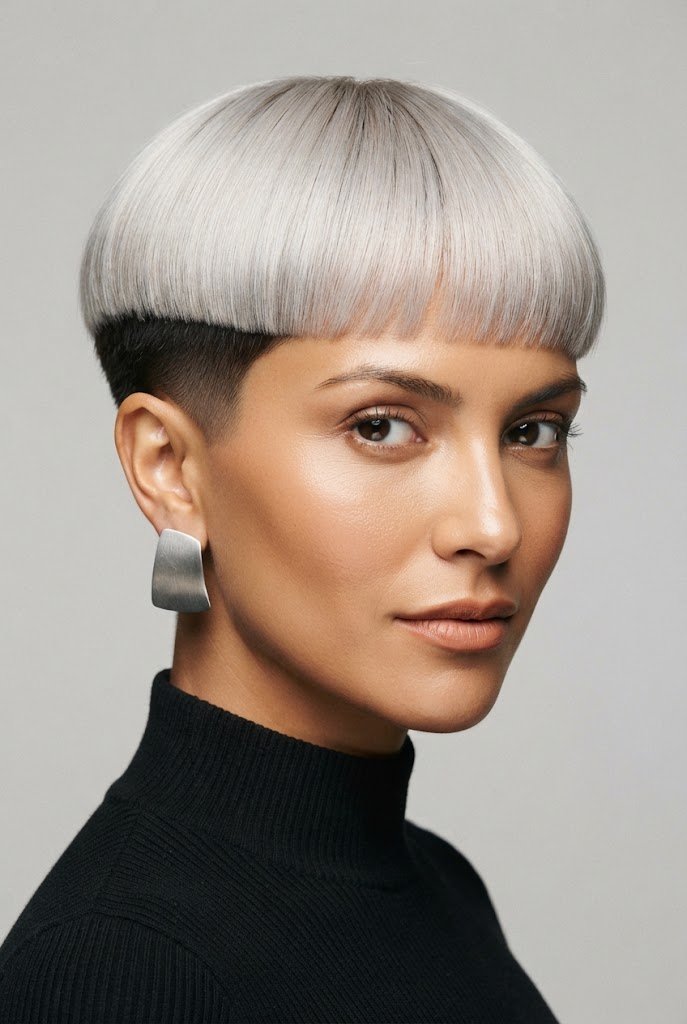Platinum Cropped Bowl Cut — hairstyles for very short hair style outfit