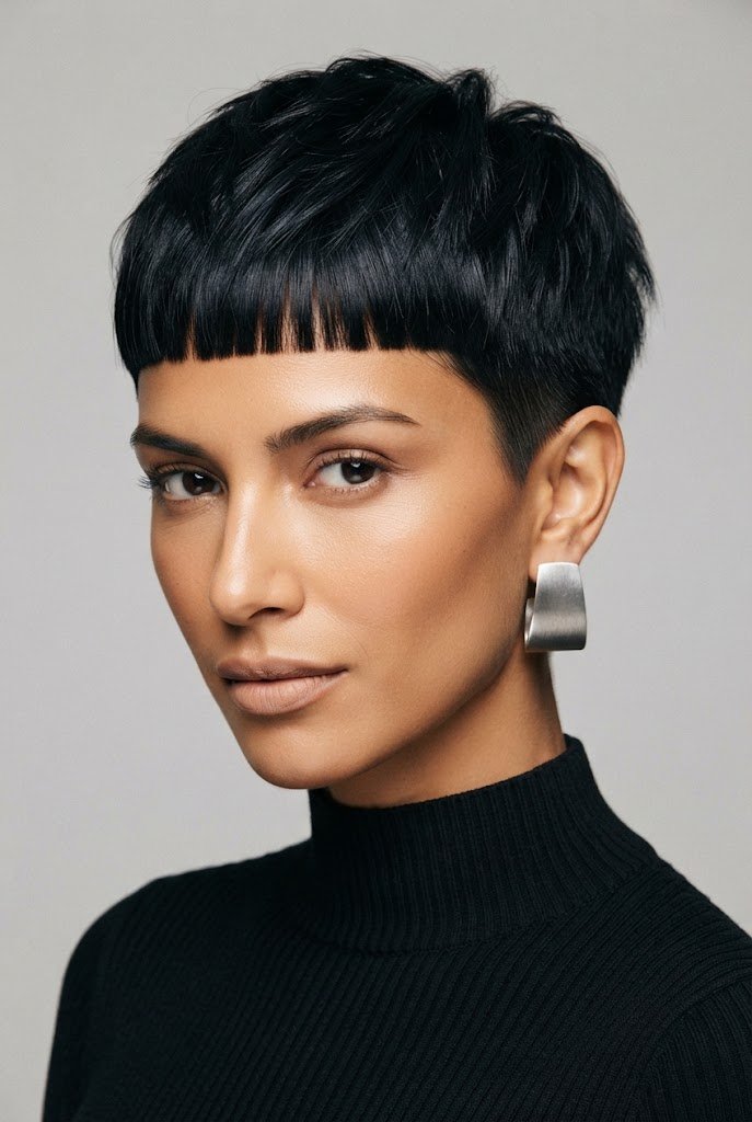 Jet-Black Micro-Fringe Crop — hairstyles for very short hair style outfit