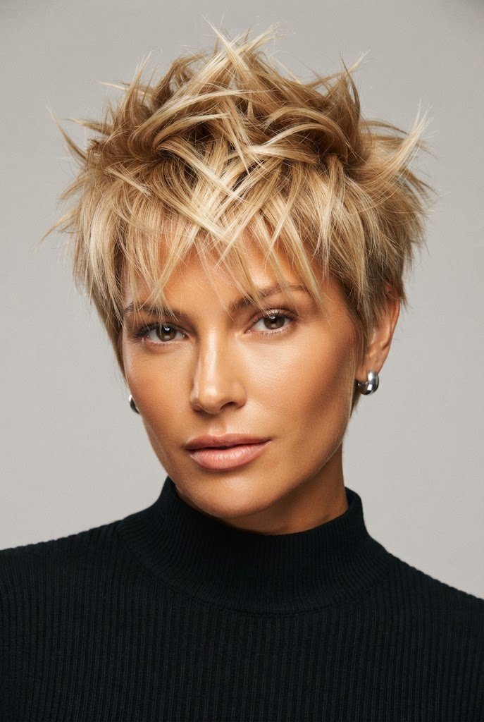 Tousled Golden Blonde Spikes — hairstyles for very short hair style outfit