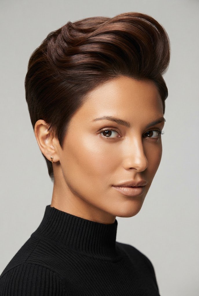 Polished Chestnut Quiff — hairstyles for very short hair style outfit