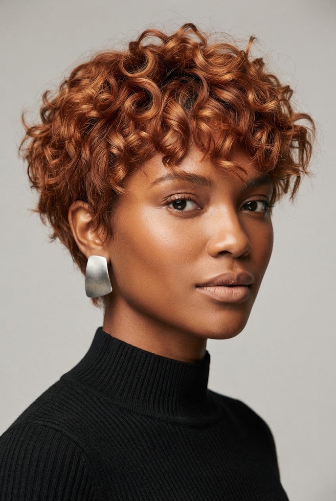 Tousled Copper Curly Crop — hairstyles for very short hair style outfit