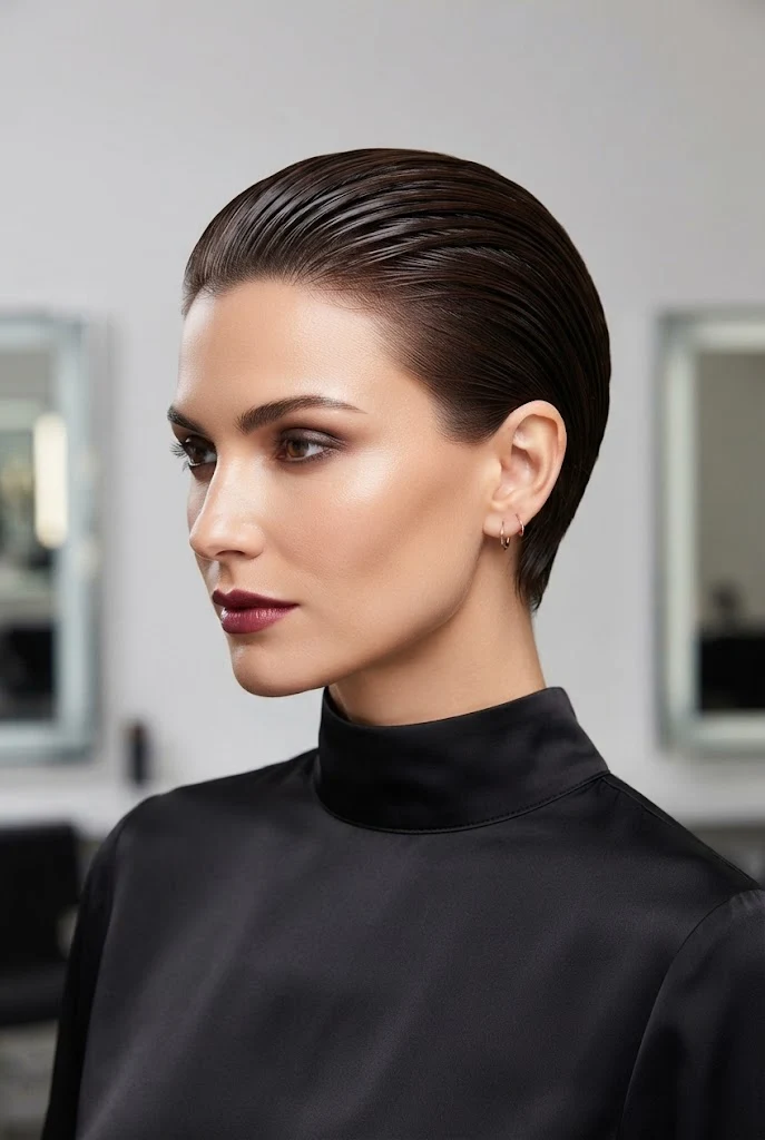 The Wet-Look Slicked-Back Crop — hairstyles for very short hair women style outfit