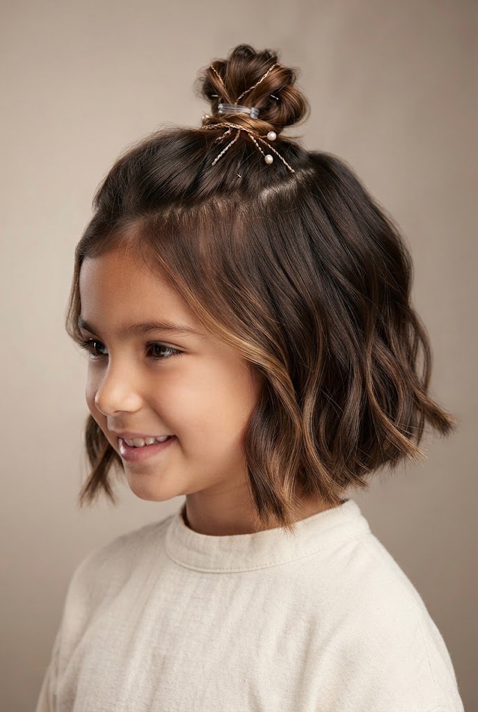 The Half-Up Mini Top Knot — Hairstyles for young girls with short hair style outfit