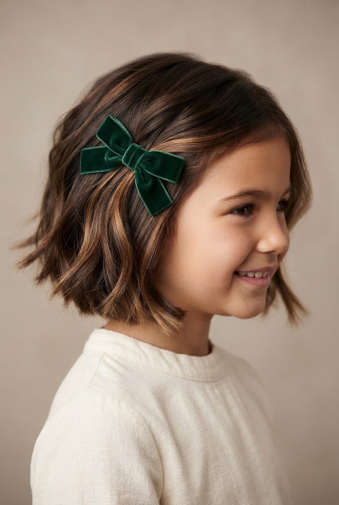 Velvet Bow Accent Cut — Hairstyles for young girls with short hair style outfit
