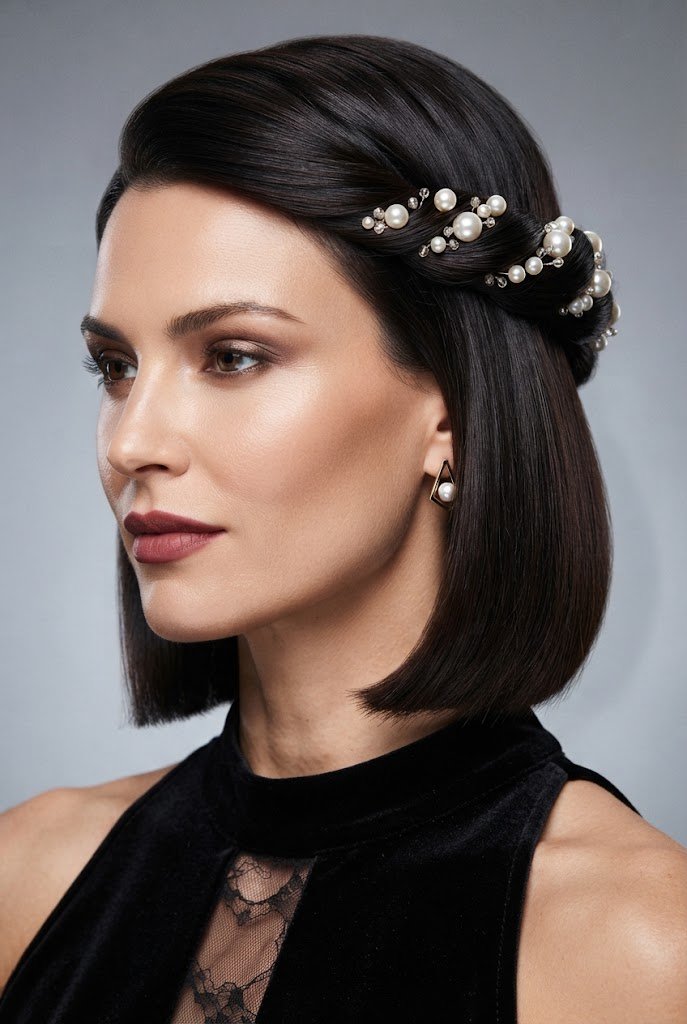 The Pearl-Embellished Twist Half Up — half up hairstyles for short hair style outfit