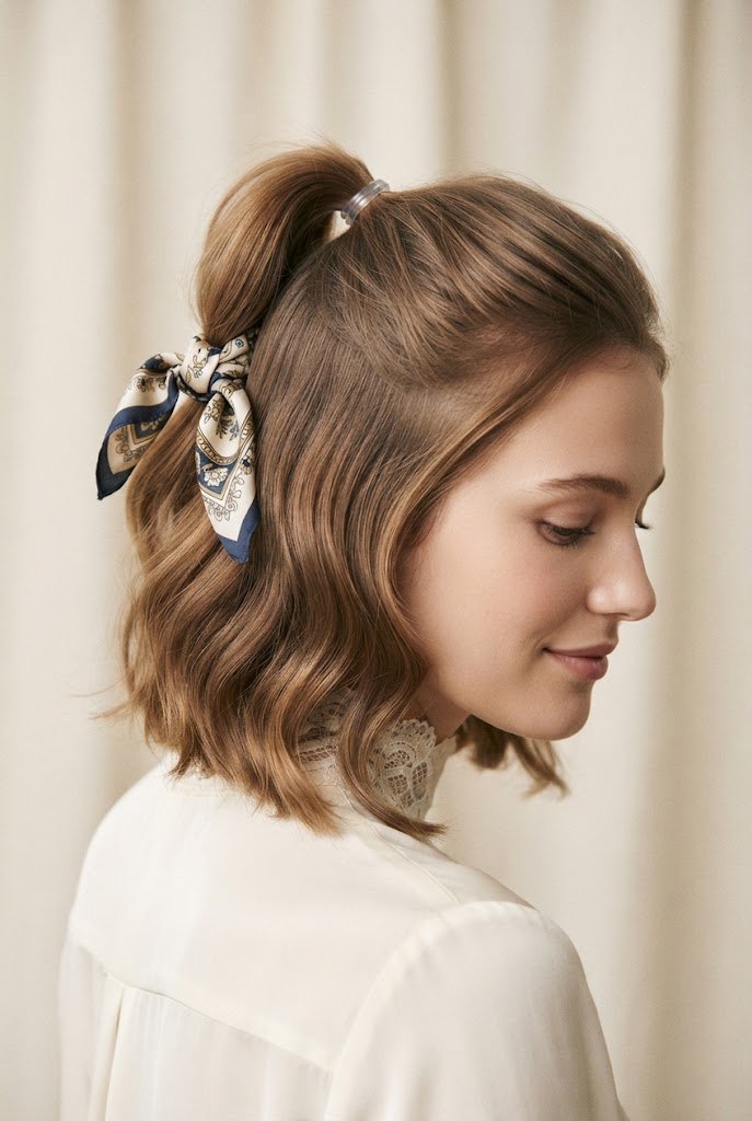 Scarf-Wrapped Half-Up Ponytail — Half-up hairstyles for short hair style outfit
