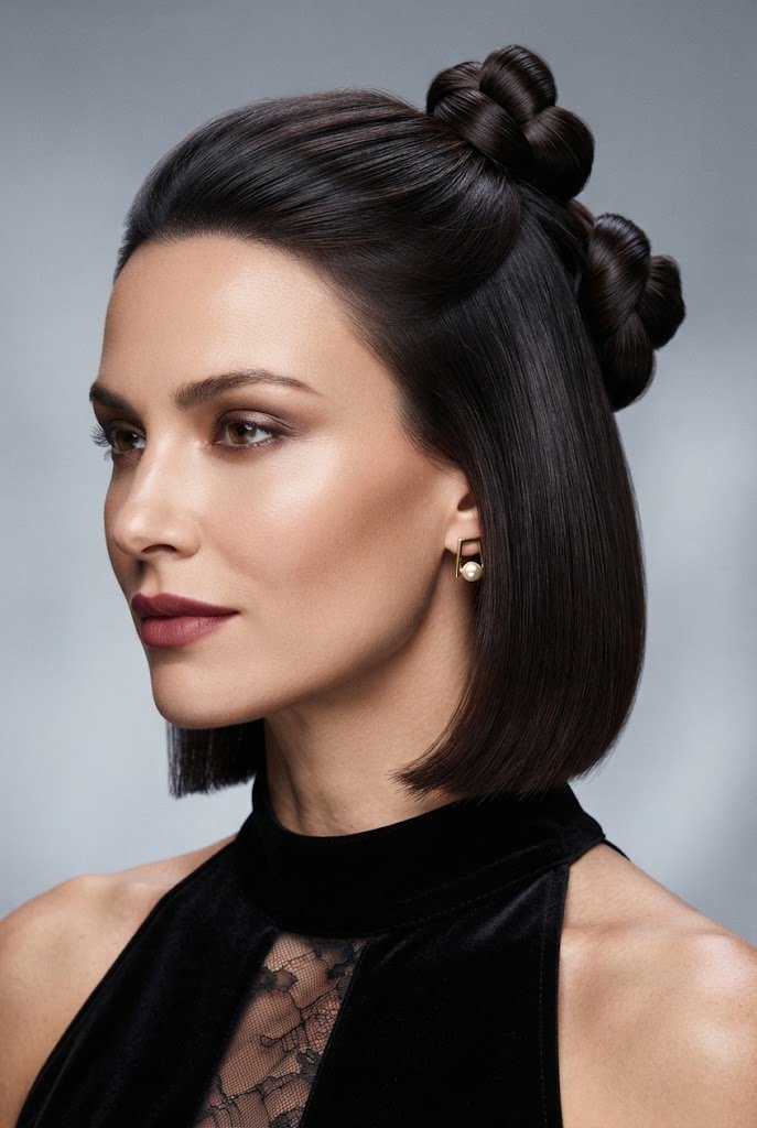 The Double-Knotted Half Up — half up hairstyles for short hair style outfit