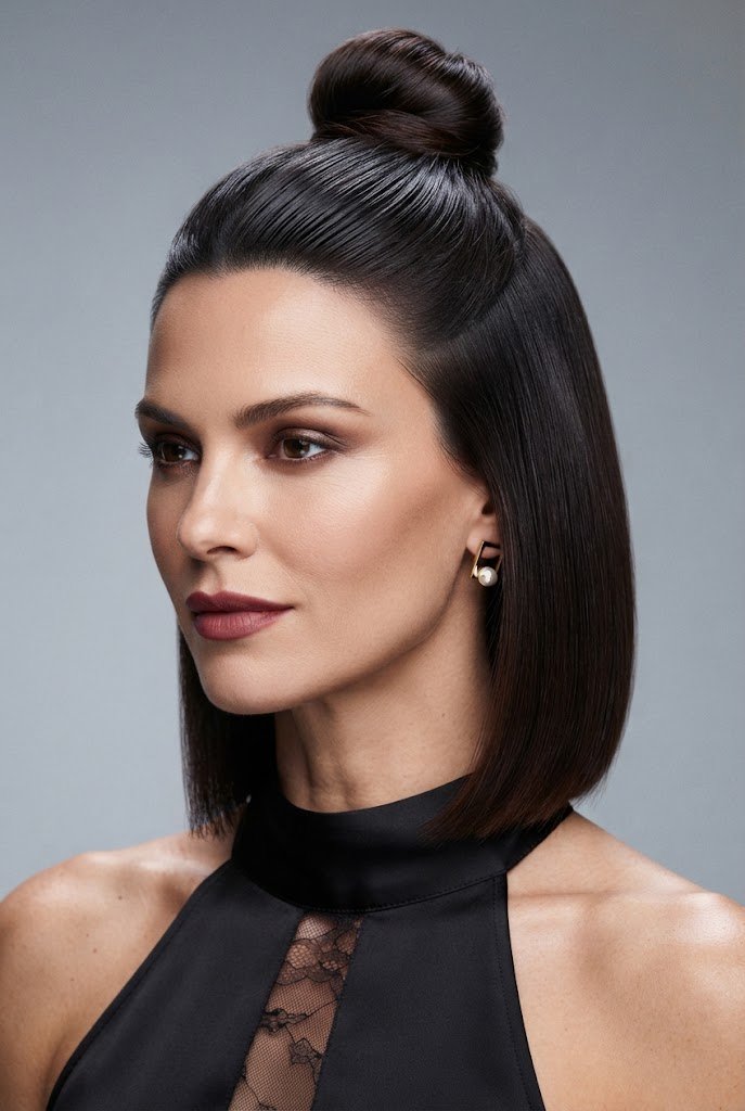 The Sleek Top-Knot Half Up — half up hairstyles for short hair style outfit