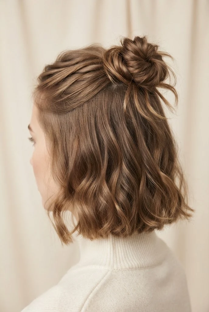Messy Bun Half-Up Style for Short Bobs — Half-up hairstyles for short hair style outfit
