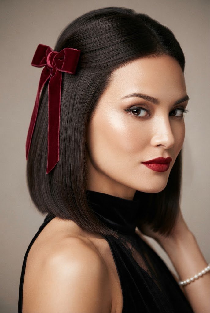The Velvet Bow Half Up — half up hairstyles for short hair style outfit