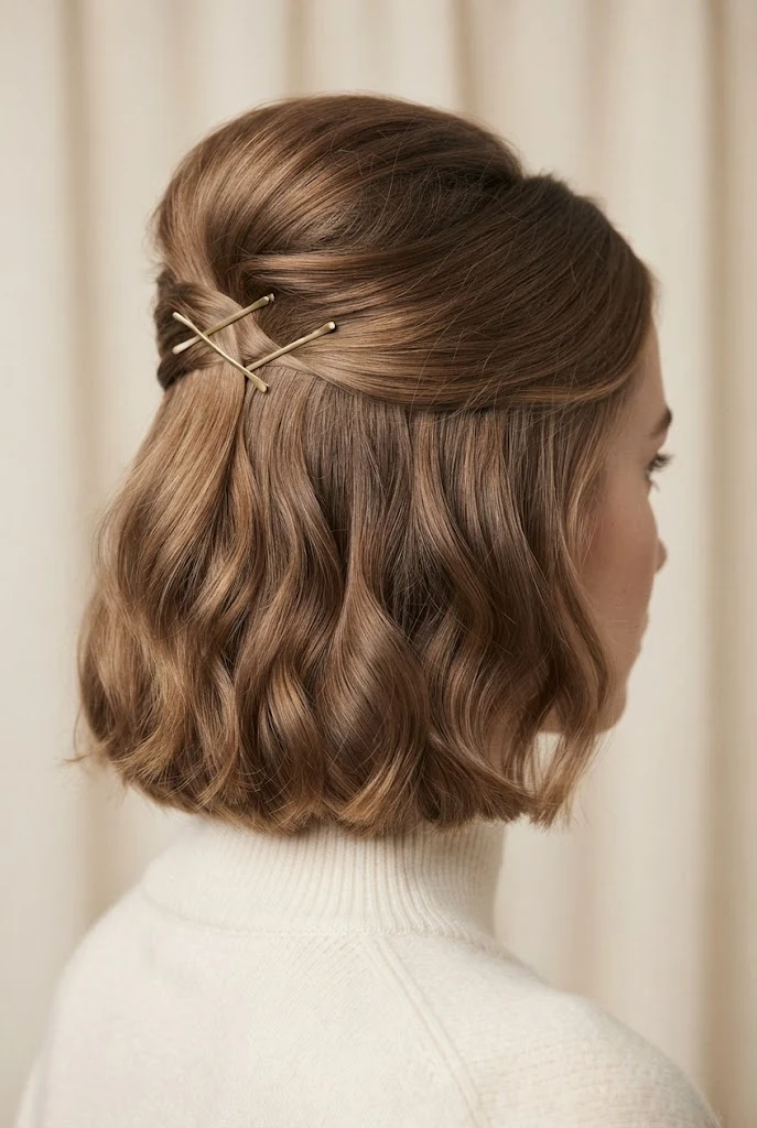 Pinned-Back Volume Bump Half-Up — Half-up hairstyles for short hair style outfit
