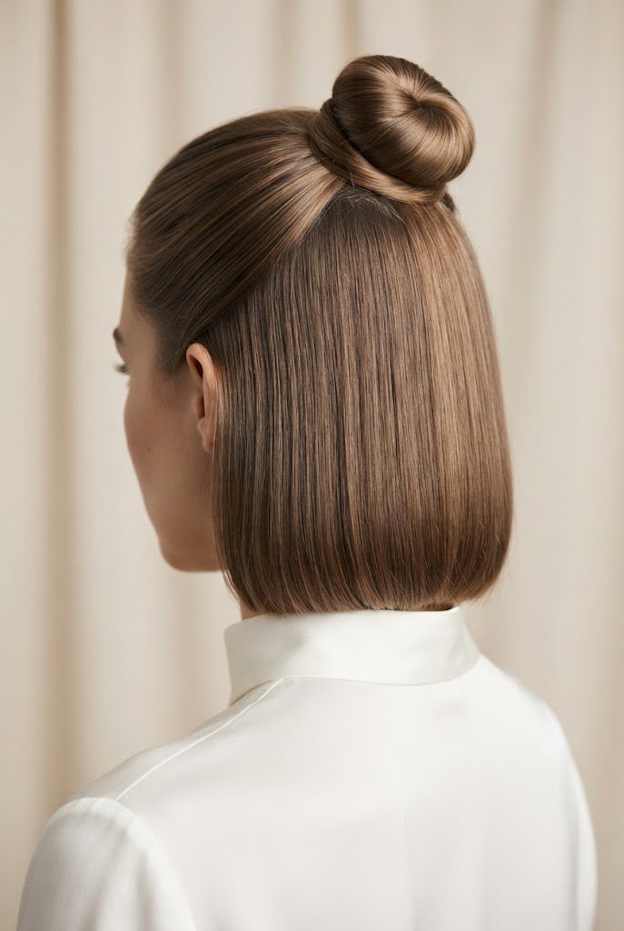 Sleek and Straight Half-Up Top Knot — Half-up hairstyles for short hair style outfit