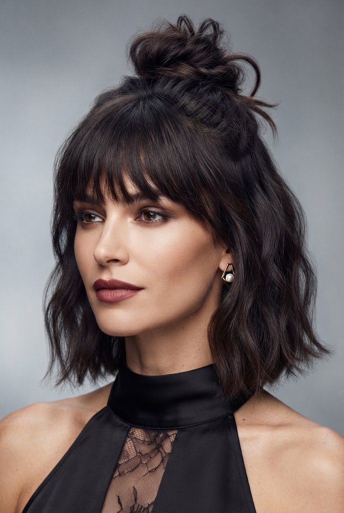 The Textured Half-Up Top Knot with Bangs — half up hairstyles for short hair style outfit