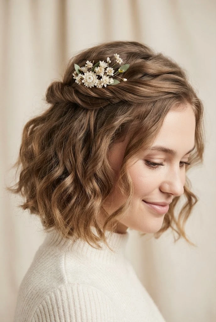 Boho Curls Half-Up with Floral Pins — Half-up hairstyles for short hair style outfit