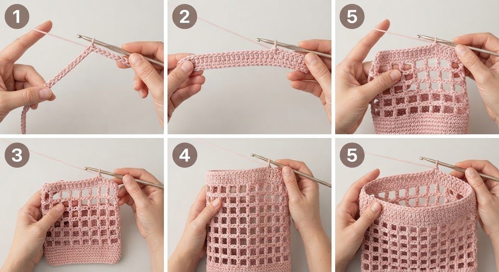 Steps 1–5 — how to crochet a tote bag