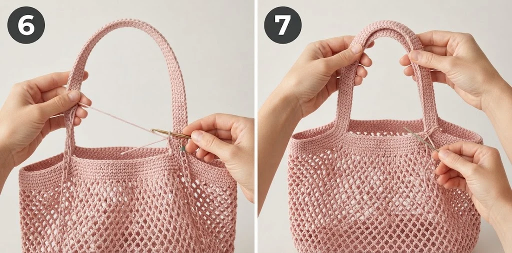 Steps 6–7 — how to crochet a tote bag