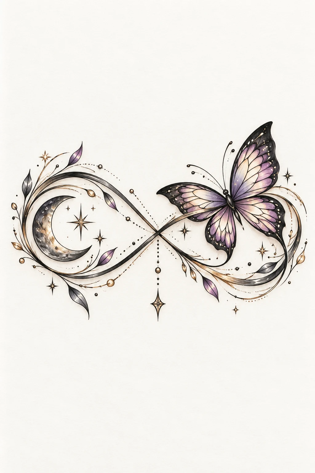 Unique Infinity Butterfly Tattoo With Moon Details — infinity butterfly tattoo style outfit