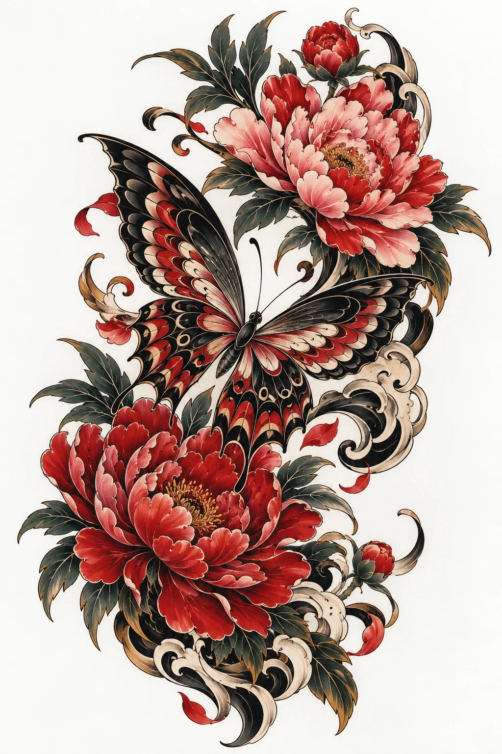 Traditional Japanese Butterfly Tattoo With Peonies — japanese butterfly tattoo style outfit