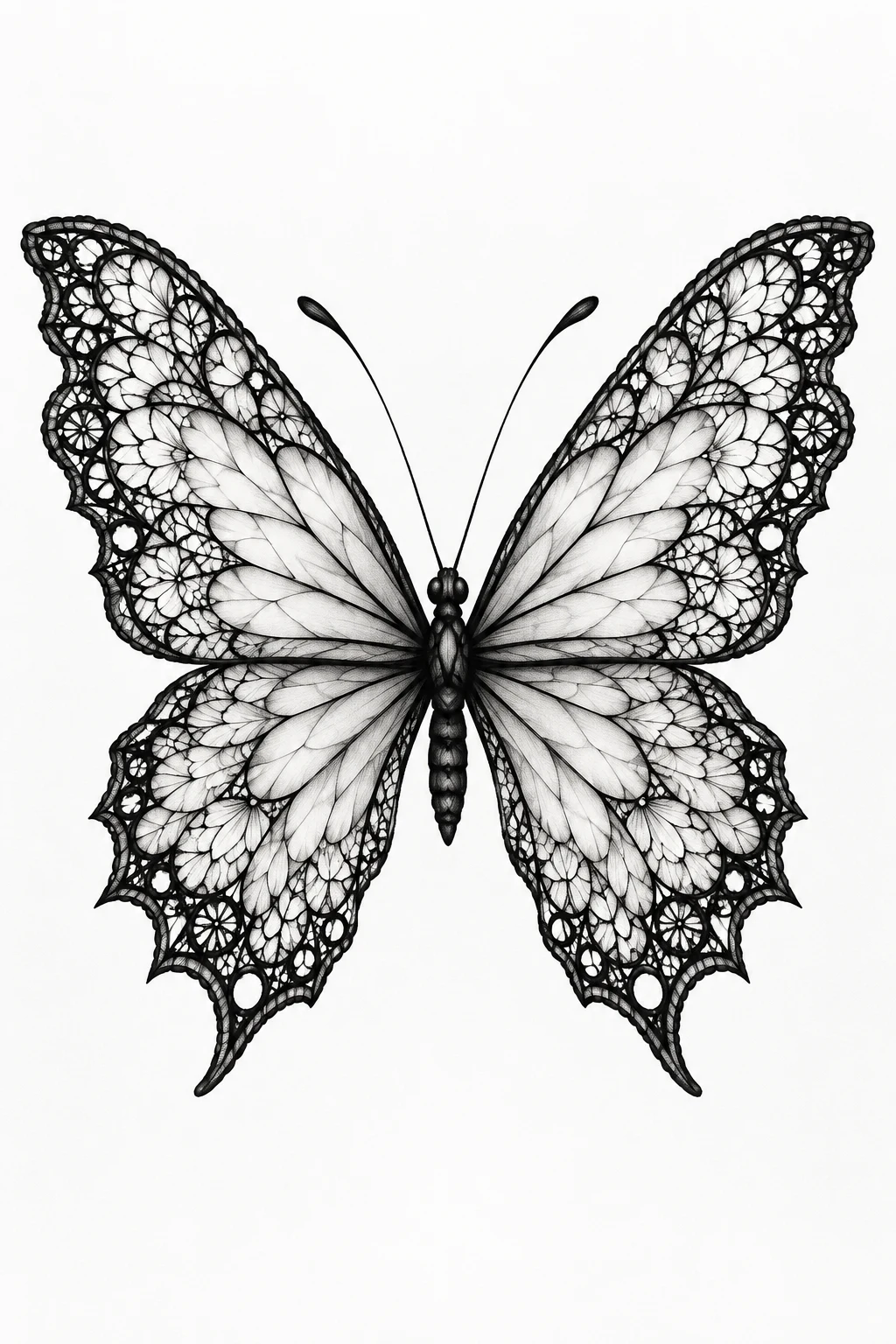 White Lace Butterfly With Black Outlines — lace butterfly tattoo style outfit
