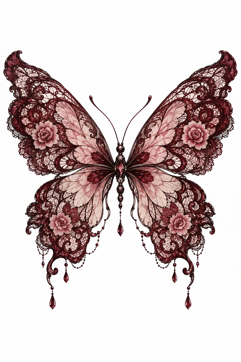 Burgundy and Dusty-Rose Lace Butterfly — lace butterfly tattoo style outfit