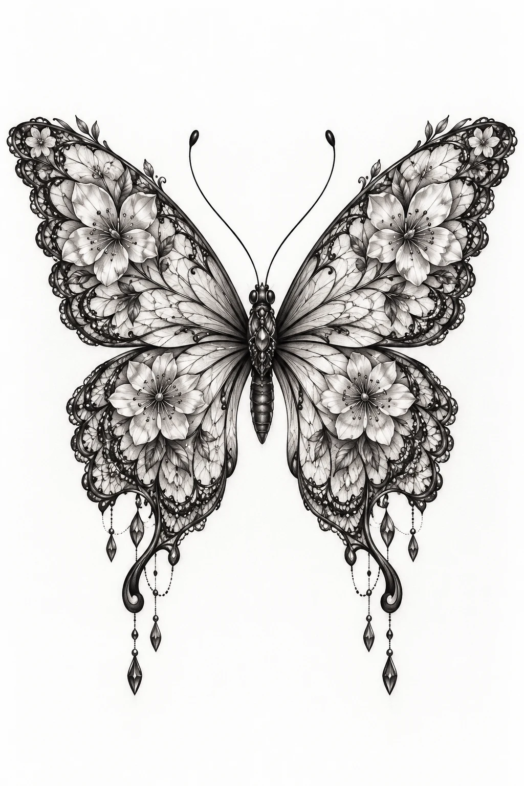 Lacy Butterfly With Floral Wings — lace butterfly tattoo style outfit