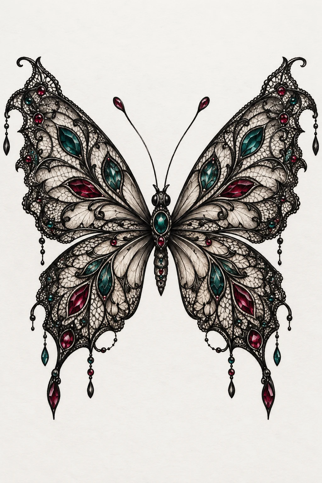 Lace Butterfly With Jewel-Tone Accents — lace butterfly tattoo style outfit