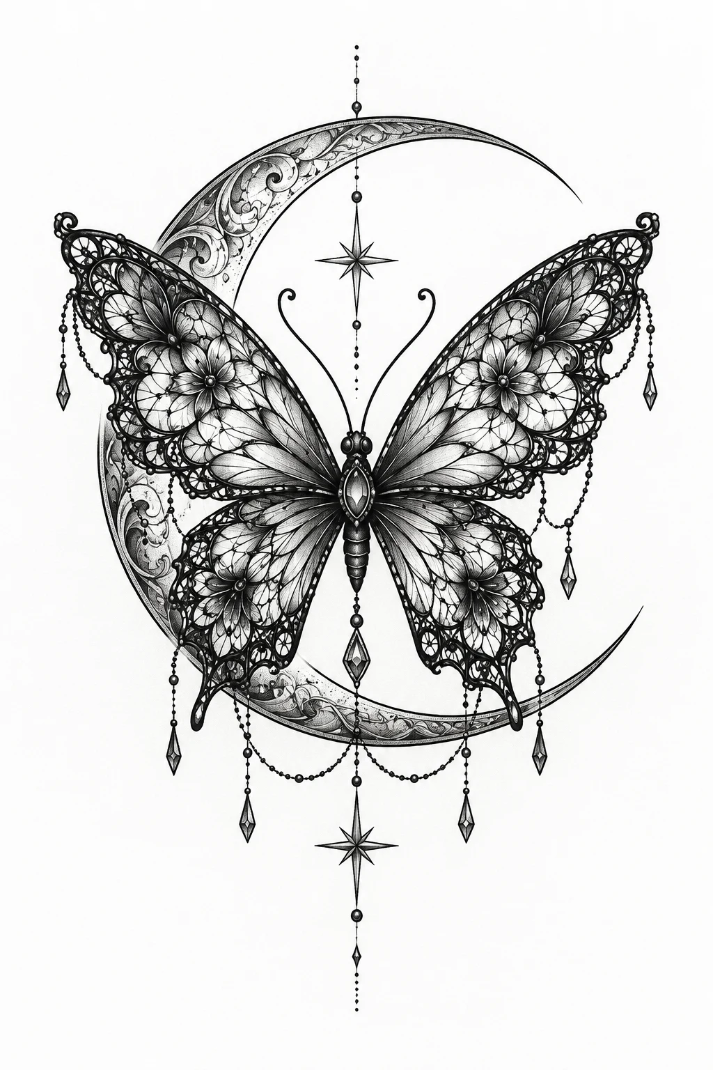 Lace Butterfly With a Crescent Moon — lace butterfly tattoo style outfit