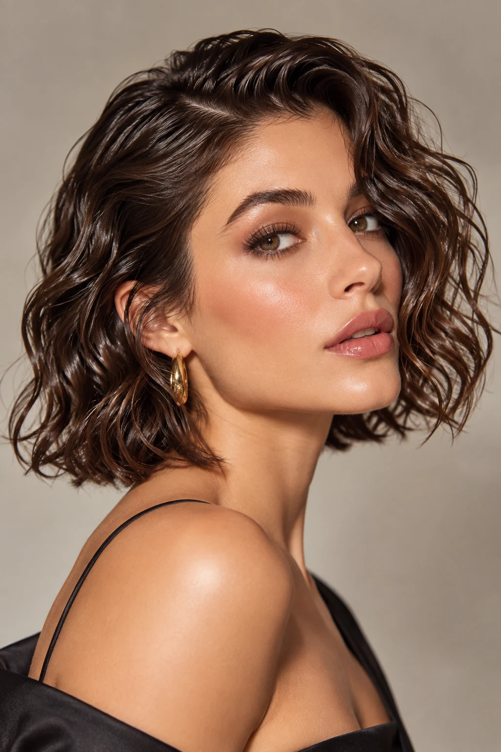 Glossy Wet-Look Waves — loose hairstyles for short hair style outfit