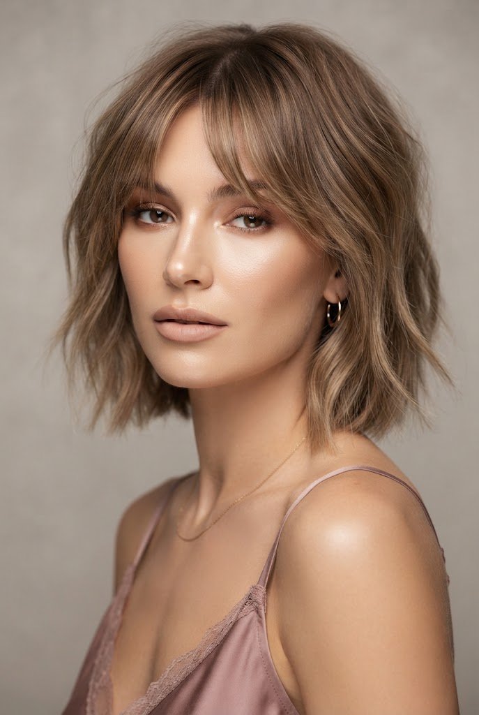 Casual Shaggy Bob with Curtain Bangs — loose short hairstyles for graduation style outfit