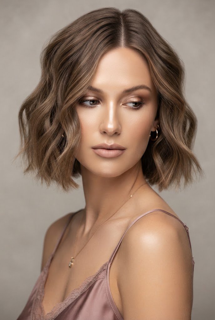 Textured Chin-Length Waves with Center Part — loose short hairstyles for graduation style outfit
