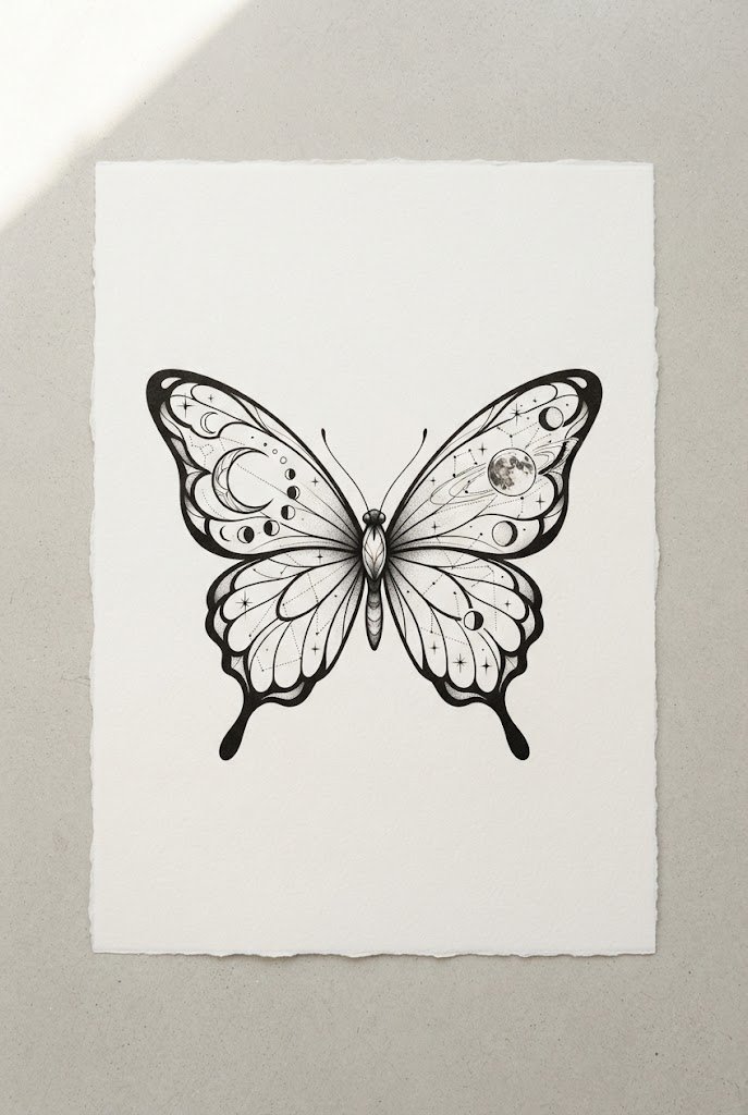 Celestial Moon-Phase Lower Back Centerpiece — lower back butterfly tattoo style outfit