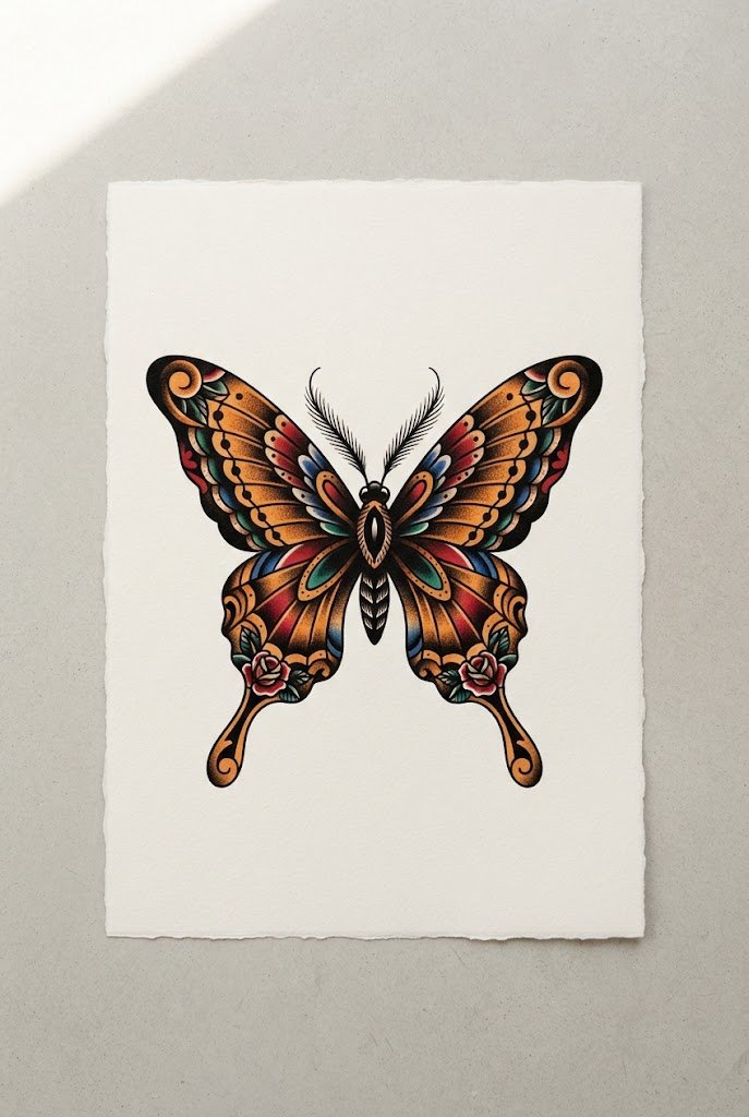 Bold Traditional Flash Statement — lower back butterfly tattoo style outfit