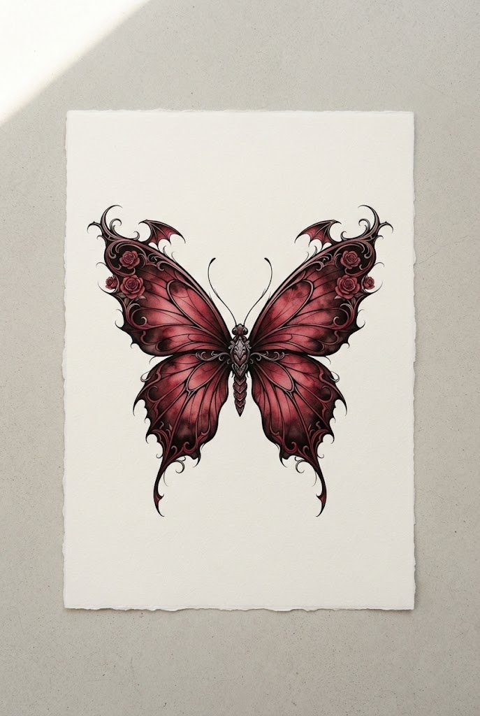 Smoldering Crimson Gothic Butterfly — lower back butterfly tattoo style outfit