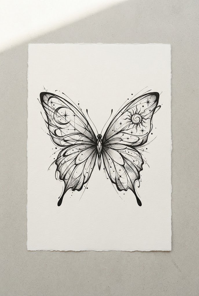 Abstract Gestural Sketch Art — lower back butterfly tattoo style outfit