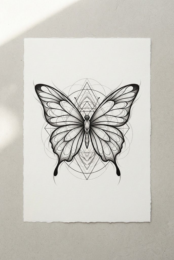 Geometric Sacred Symmetry — lower back butterfly tattoo style outfit
