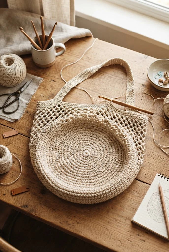 The Round-Base Circular Bucket Tote — market bag crochet style outfit