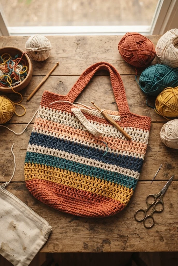 The Colorful Striped Beach & Market Hybrid — market bag crochet style outfit