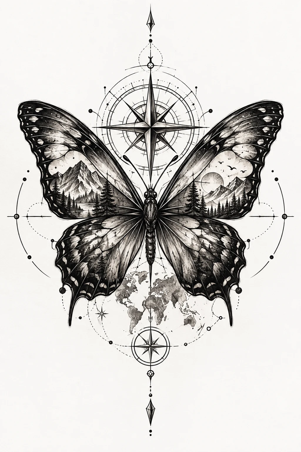 Butterfly With Compass and Coordinates — masculine butterfly tattoo style outfit, worn by a stylish man