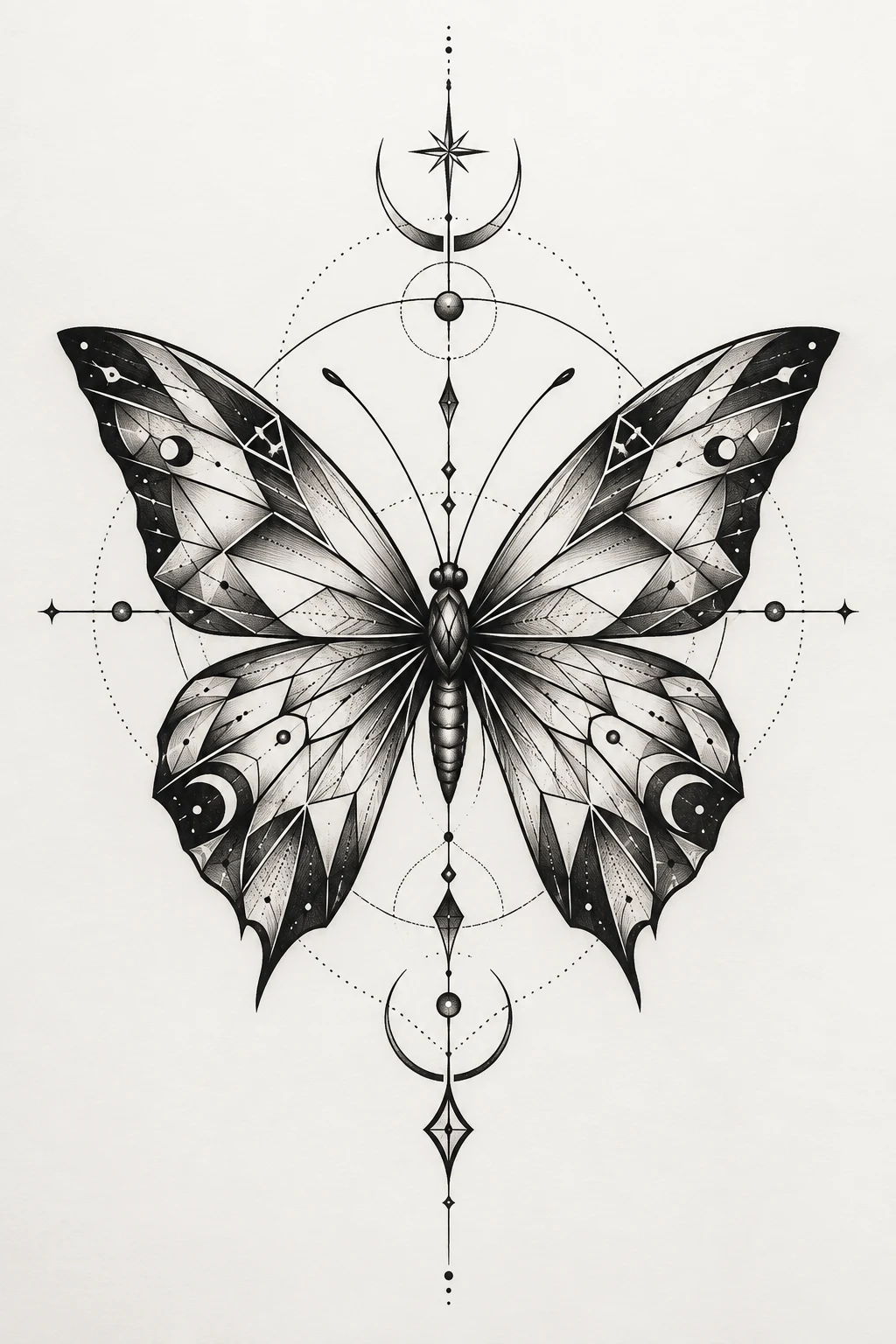 Geometric Butterfly Chest Tattoo — masculine butterfly tattoo style outfit, worn by a stylish man
