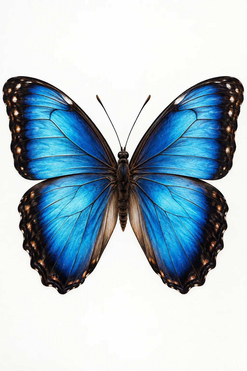 Realistic Blue Morpho Butterfly — masculine butterfly tattoo style outfit, worn by a stylish man