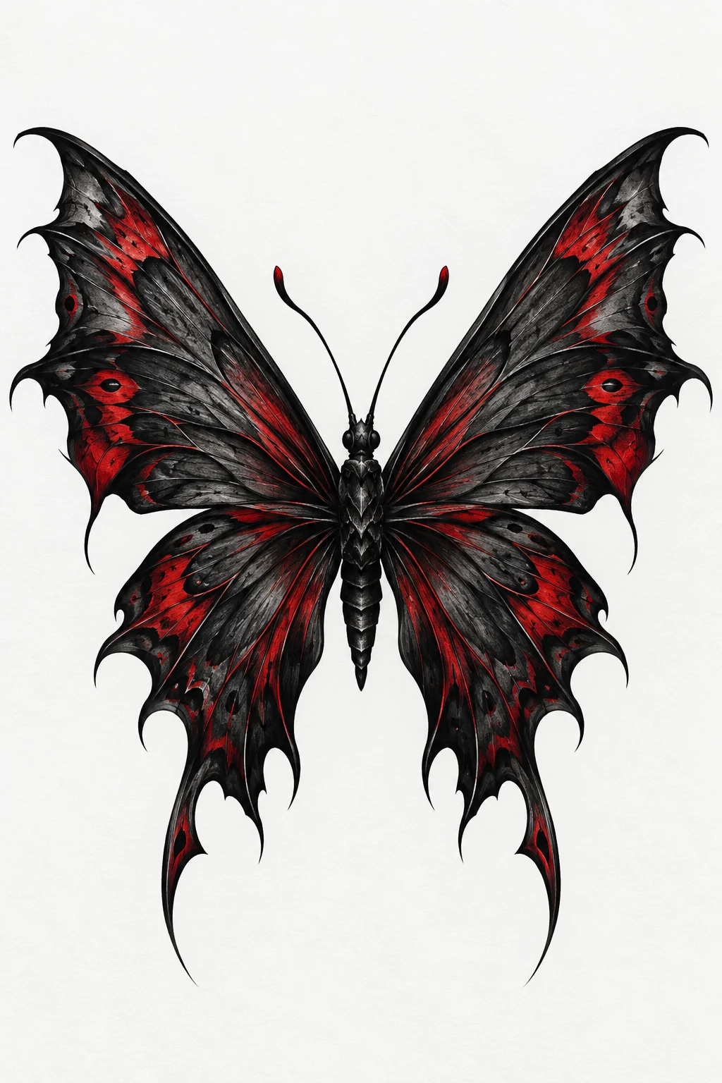Dark Butterfly With Red Accents — masculine butterfly tattoo style outfit, worn by a stylish man