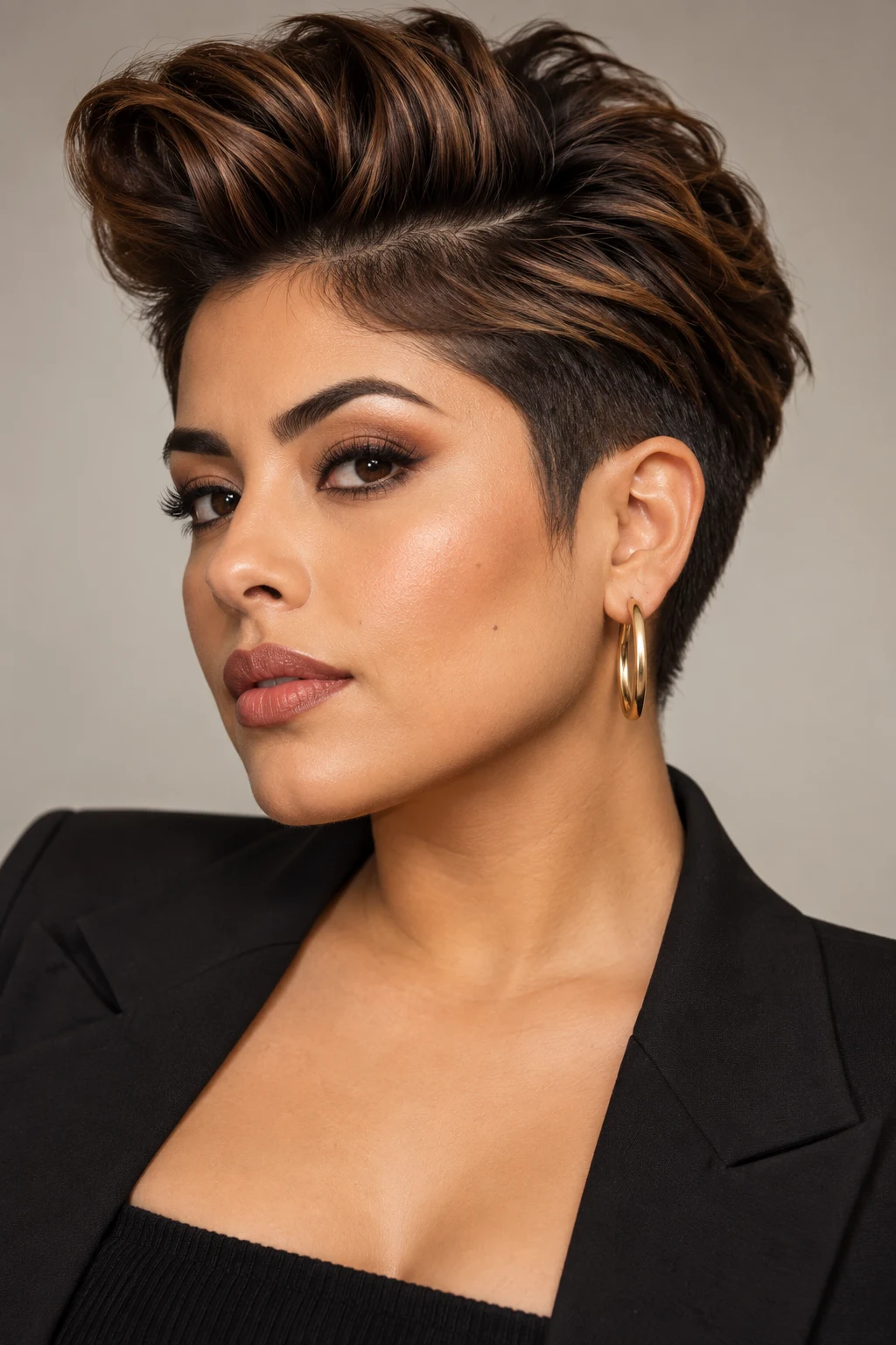 Short Pompadour With Warm Brown Dimension — mexican hairstyles short hair style outfit