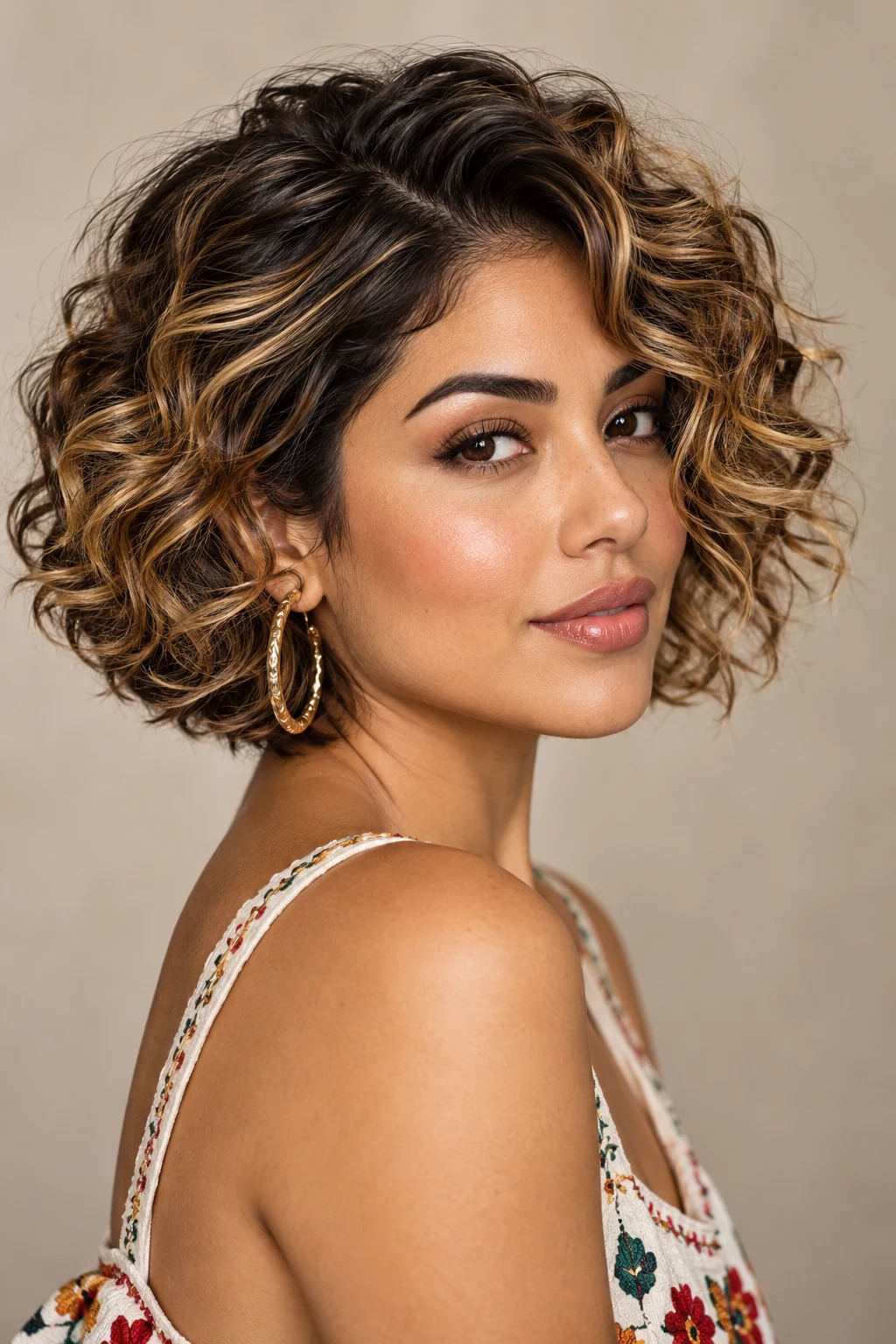 Short Curly Bob With Golden Highlights — mexican hairstyles short hair style outfit