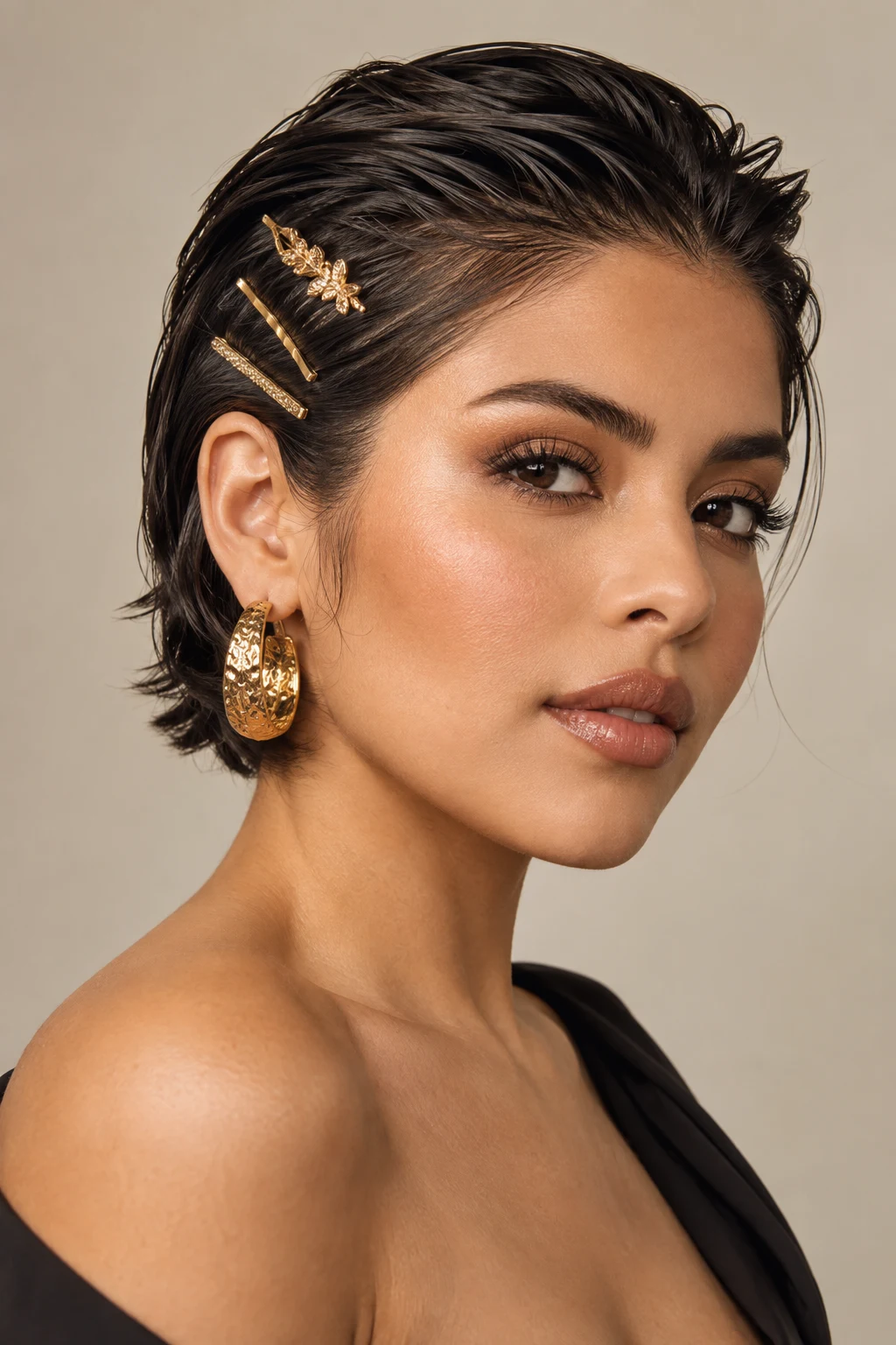 Short Slicked-Back Style With Gold Accessories — mexican hairstyles short hair style outfit