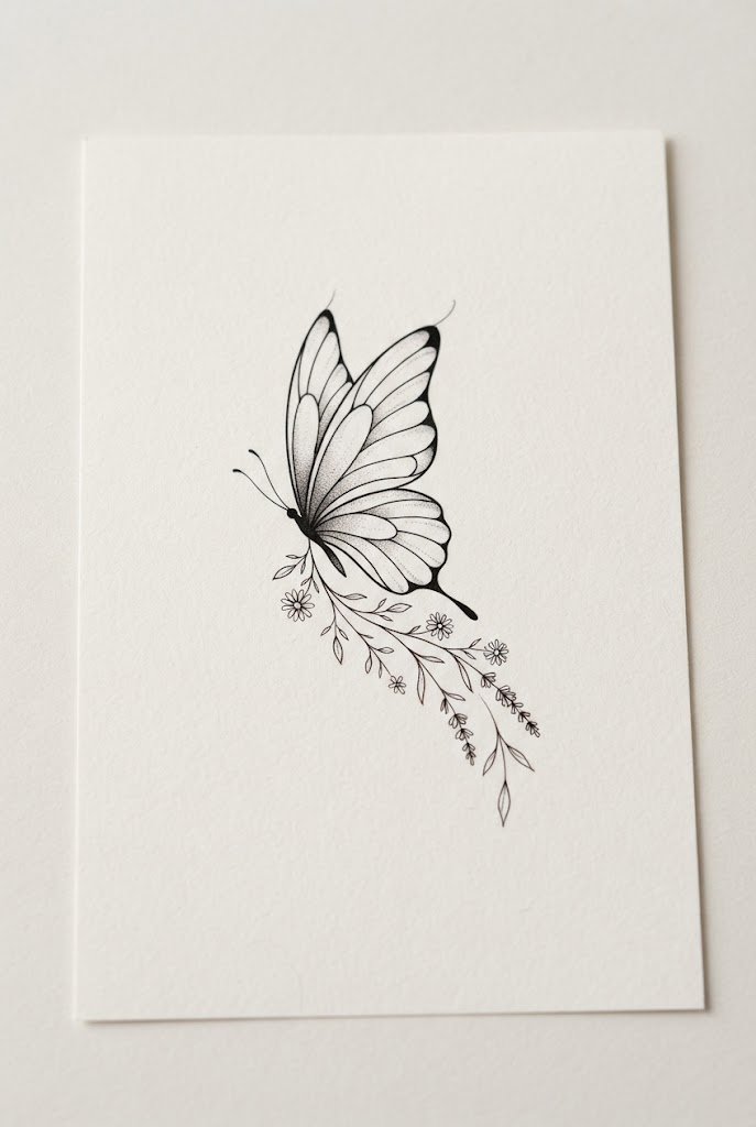 Minimal Butterfly Tattoo Design with Floral Trailing — minimal butterfly tattoo design style outfit
