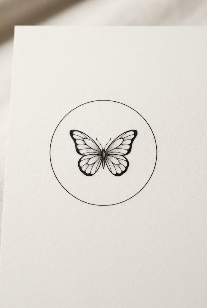 Minimal Butterfly Tattoo Design inside a Thin Circle — minimal butterfly tattoo design style outfit
