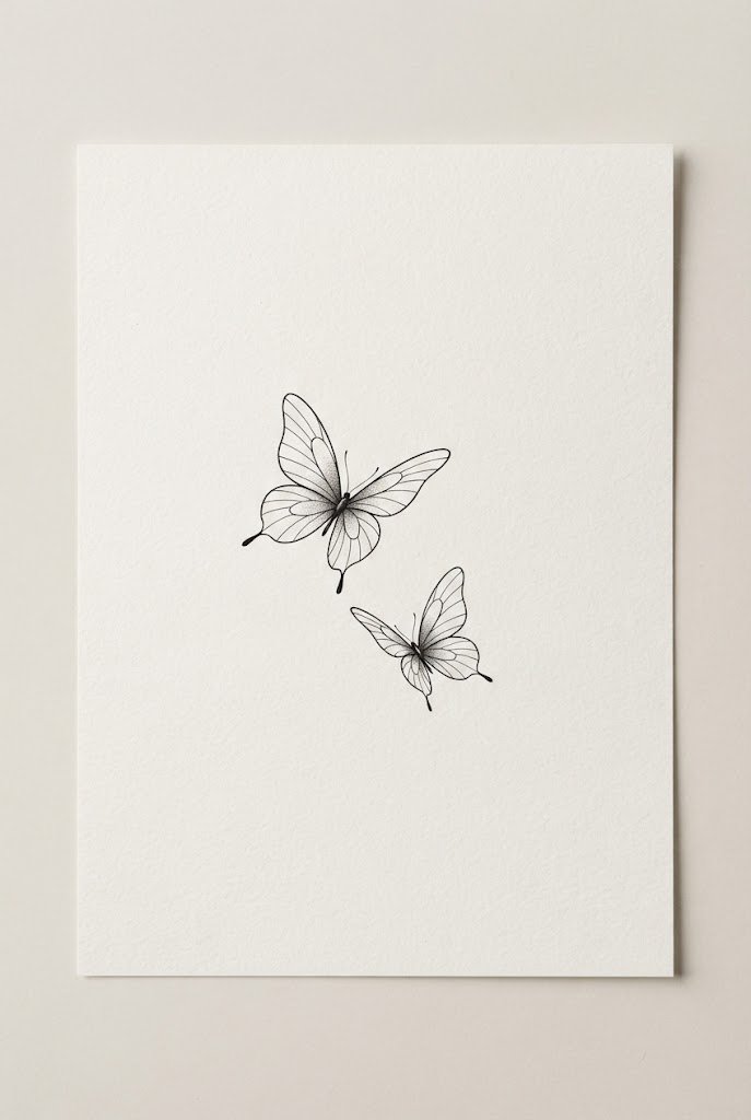 Dual Micro Butterflies in Flight — minimal butterfly tattoo design style outfit