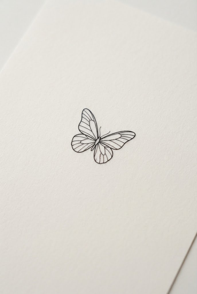 Micro Outline Behind the Ear — minimal butterfly tattoo design style outfit