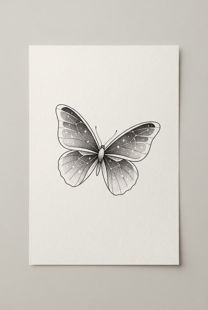 Dot-Work Constellation Wings — minimal butterfly tattoo design style outfit