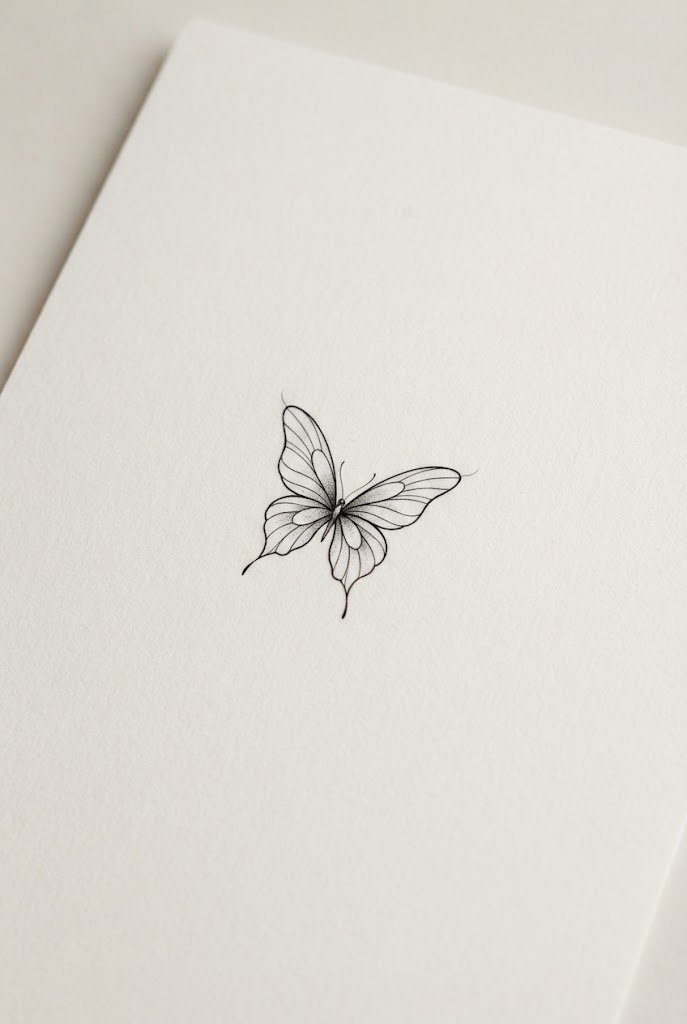 Inner Bicep Fine-Line Statement — minimal butterfly tattoo design style outfit